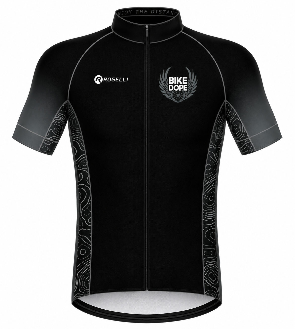 A black short-sleeve cycling jersey with a full front zipper, featuring the 'ROGELLI' brand logo on the right chest and a 'BIKE DOPE' winged logo on the left chest. The jersey has a subtle gray gradient on the sleeves and sides with white abstract wave patterns.