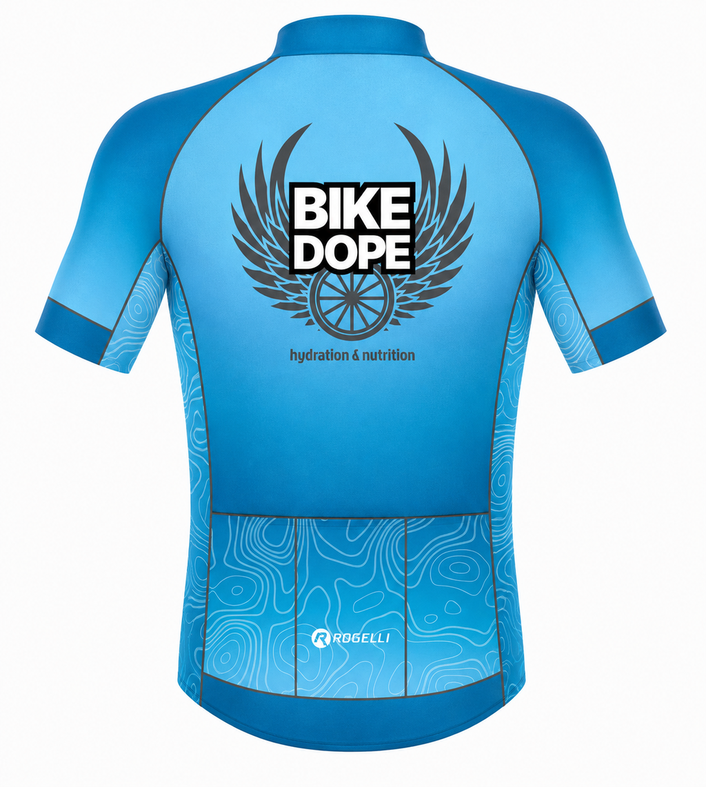 A blue short-sleeve cycling jersey shown from the back, featuring a large black winged 'BIKE DOPE' logo with a bicycle wheel at the center, smaller 'hydration & nutrition' text, and topographic contour line patterns near the lower back. The brand name 'ROGELLI' is visible near the bottom center.