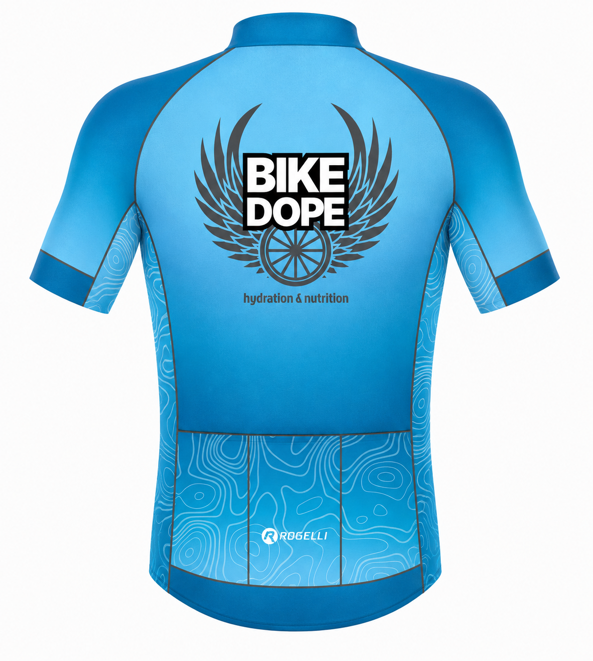 A blue short-sleeve cycling jersey shown from the back, featuring a large black winged 'BIKE DOPE' logo with a bicycle wheel at the center, smaller 'hydration & nutrition' text, and topographic contour line patterns near the lower back. The brand name 'ROGELLI' is visible near the bottom center.