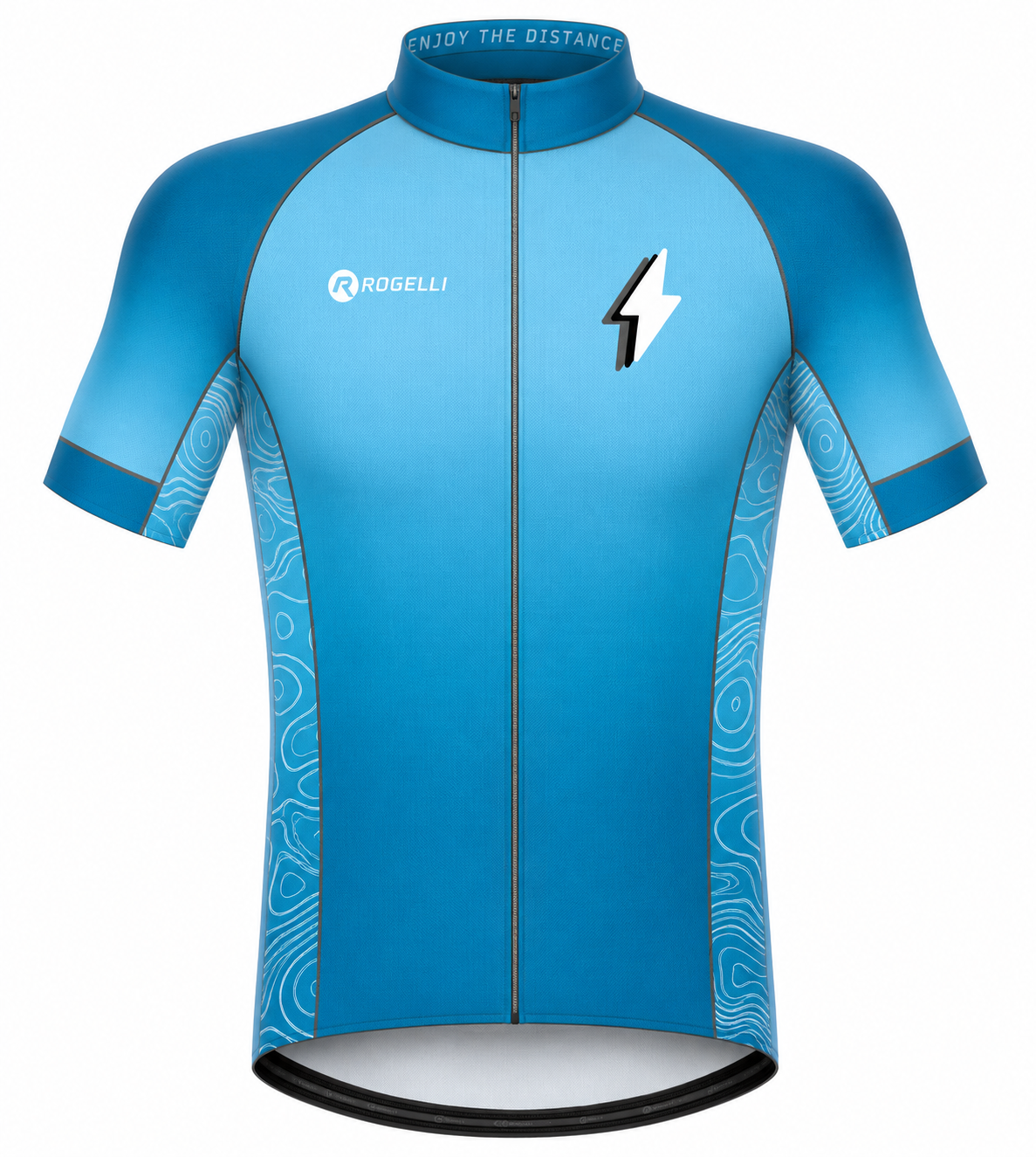 A blue short-sleeve cycling jersey with a full front zipper, featuring a white Rogelli logo on the left chest and a black-and-white lightning bolt logo on the right chest. The jersey has a gradient design fading from a lighter blue at the shoulders to a brighter blue at the waist, with subtle white wave patterns on the sides.