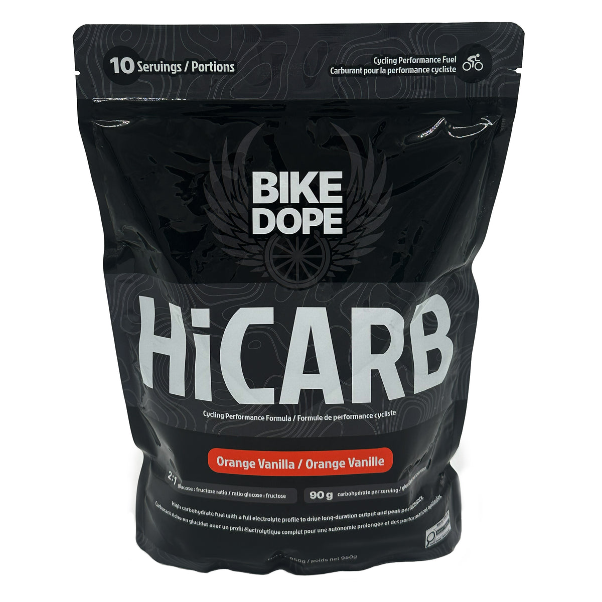 A black stand-up pouch of Bike Dope HiCarb cycling performance fuel, featuring large white text and an orange vanilla flavor label on a white background.