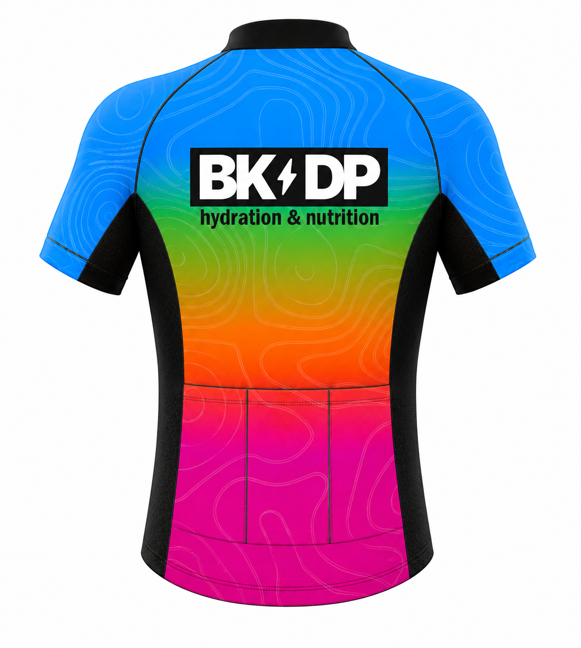 A short-sleeve cycling jersey shown from the back, featuring a vibrant rainbow gradient transitioning from blue to green, orange, and pink, with black side panels and a prominent 'BK DP hydration & nutrition' logo on the upper back.