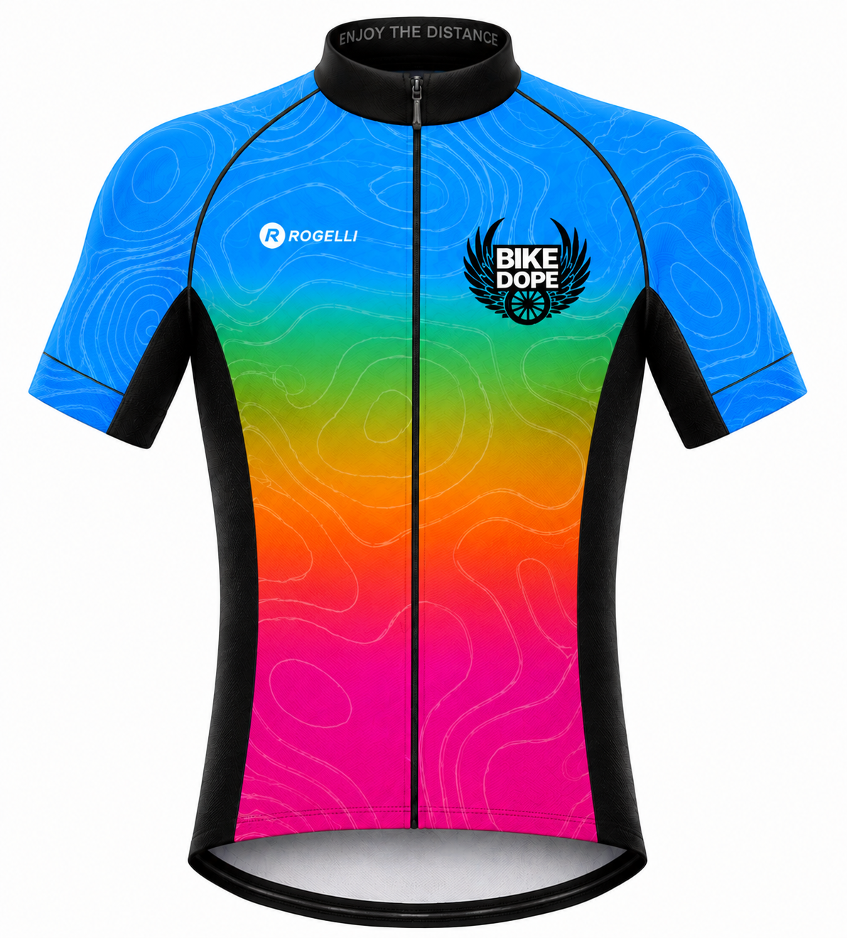 A short-sleeve cycling jersey with a vibrant rainbow gradient transitioning from blue to green, yellow, orange, and pink, featuring black trim, a black collar, and 'ROGELLI' and 'Bike Dope' logos.