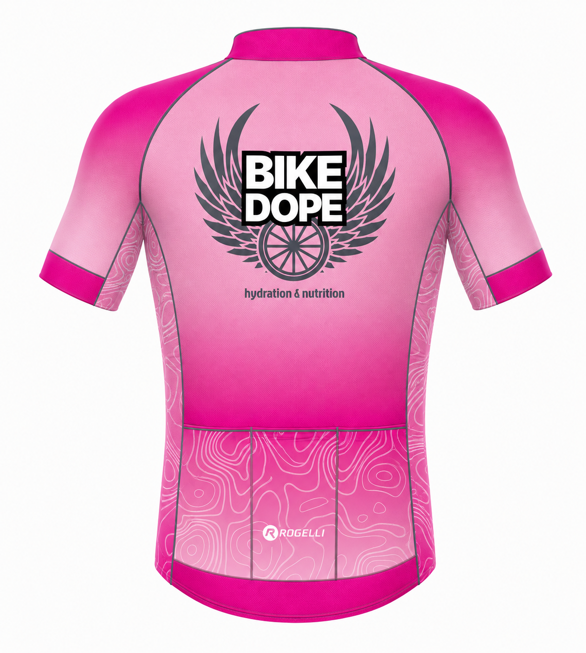 A pink short-sleeve cycling jersey shown from the back, featuring a large black 'BIKE DOPE' winged logo with a bicycle wheel in the center, smaller 'hydration & nutrition' text, and a topographic pattern near the hem. The brand 'ROGELLI' is visible near the lower back.