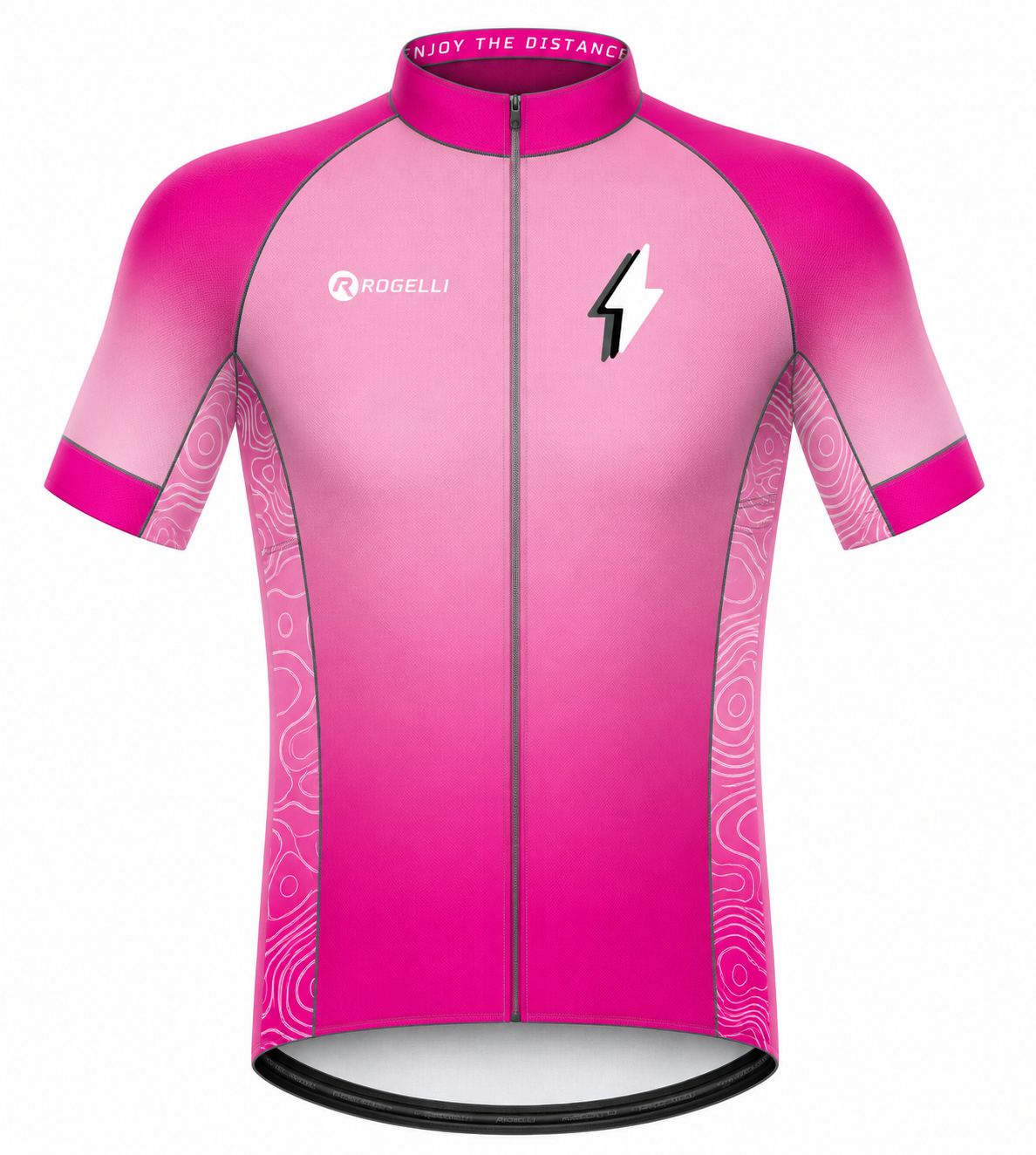 A short-sleeve cycling jersey in a vibrant pink gradient, featuring a black and white lightning bolt logo on the left chest and the white Roggeli brand name on the right chest. The jersey has subtle topographic wave patterns on the lower sides and cuffs, and is shown against a plain white background.