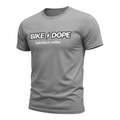 A heather gray short-sleeve crewneck t-shirt with a white and black graphic on the chest reading 'BIKE DOPE' and 'hydration & nutrition'.