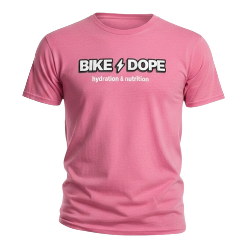 A pink short-sleeve crewneck t-shirt featuring the text 'BIKE DOPE' with a lightning bolt graphic and 'hydration & nutrition' printed in white below it, displayed on a clean white background.