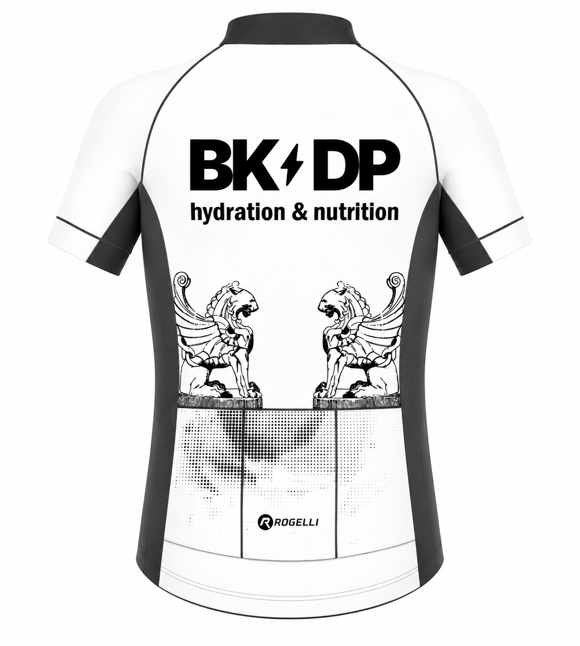 White and black short-sleeve cycling jersey shown from the back, featuring 'BK DP hydration & nutrition' text, two winged lion graphics, and the 'ROGELLI' brand logo near the hem.