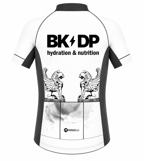 White and black short-sleeve cycling jersey shown from the back, featuring 'BK DP hydration & nutrition' text, two winged lion graphics, and the 'ROGELLI' brand logo near the hem.