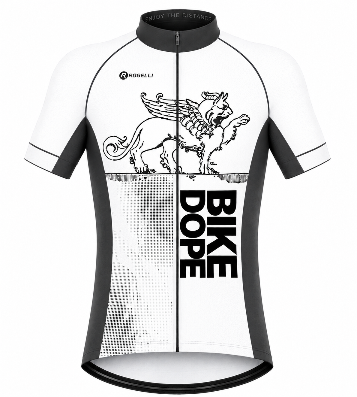 A white and dark gray short-sleeve cycling jersey with a black graphic of a winged horse and the text 'BIKE DOPE' and 'ROGELLI' on the chest, shown on a plain white background.