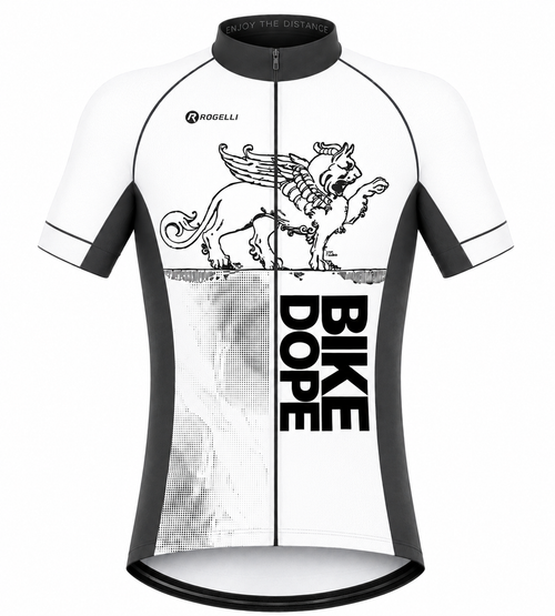 A white and dark gray short-sleeve cycling jersey with a black graphic of a winged horse and the text 'BIKE DOPE' and 'ROGELLI' on the chest, shown on a plain white background.