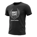 A black short-sleeve crewneck t-shirt with a gray graphic on the chest featuring wings, a bicycle wheel, and the text 'BIKE DOPE' and 'hydration & nutrition'.