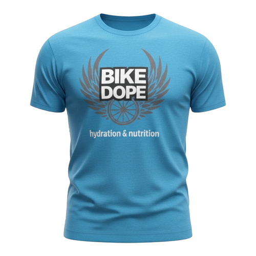 A light blue crewneck t-shirt featuring a 'BIKE DOPE hydration & nutrition' graphic on the chest with wings and a wheel design, shown on a plain white background.