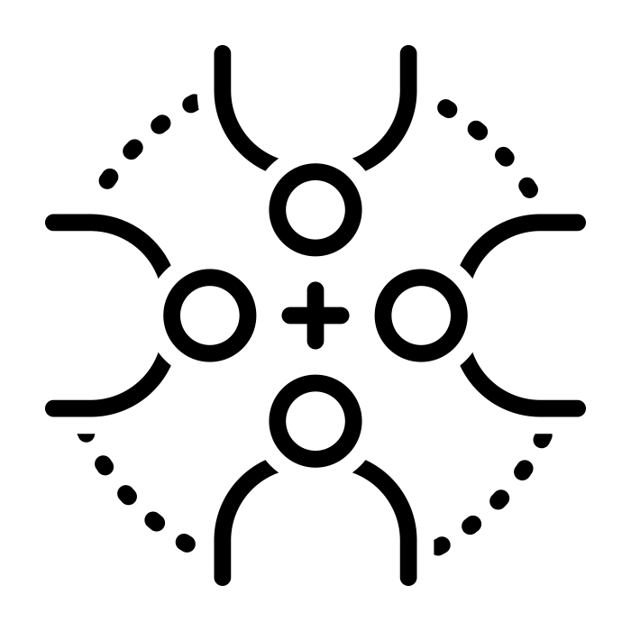 A black minimalist vector-style logo or icon on a white background, with curved lines, circular elements, a central plus sign. everyone by WEBTECHOPS LLP from <a href="https://thenounproject.com/browse/icons/term/everyone/" target="_blank" title="everyone Icons">Noun Project</a> (CC BY 3.0)